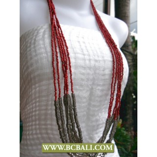 Fancy Long Braided Necklace Red Beaded mixed Metal